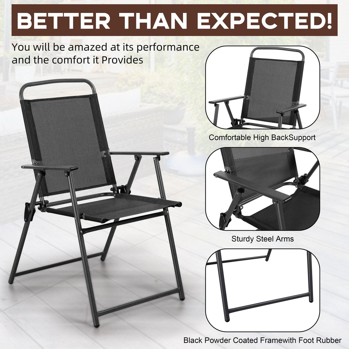 Vongrasig 6 Pieces Folding Patio Dining Set, All Weather Small Metal Outdoor Table and Chairs Set, Patio Furniture Set w/Umbrella, Glass Table & 4 Folding Chairs for Garden, Lawn, Backyard, Black Vongrasig