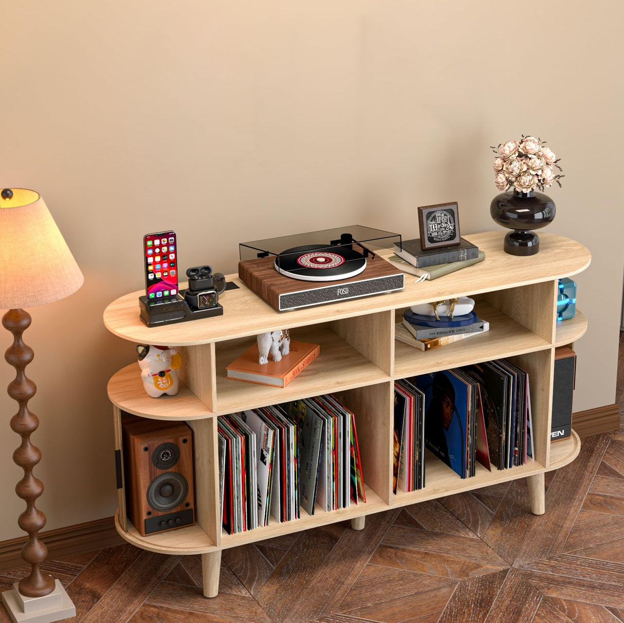 LUVIOHOME Large Round Record Player Stand with Charging Station & USB Ports,Record Storage Cabinet, Mid Century Modern Turntable Stand for Bedroom Living Room (Oak) LUVIOHOME