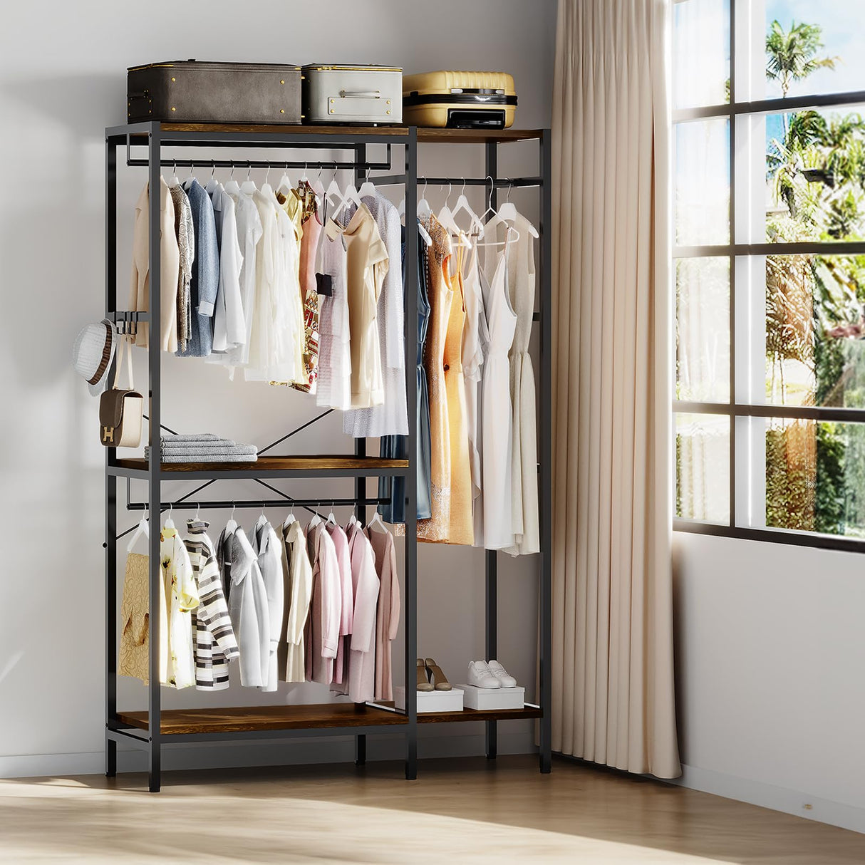 ZERDER Clothes Rack, Heavy Duty Garment Rack for Clothes, Clothing Racks with Shelves and 4 Side Hooks, Freestanding Metal Wooden Closet Organizer, Wardrobe Storage Rack, Brown ZERDER