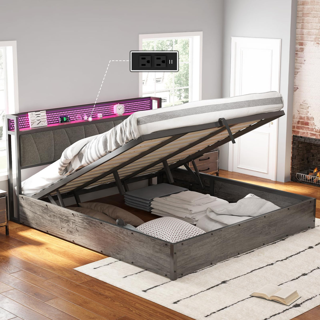 AMERLIFE King Size Lift Up Bed Frame with Linen Upholstered & LED Light & Storage Headboard, Platform Bed Frame with Charging Station, No Box Spring Needed, Noisy Free, Rustic Grey AMERLIFE