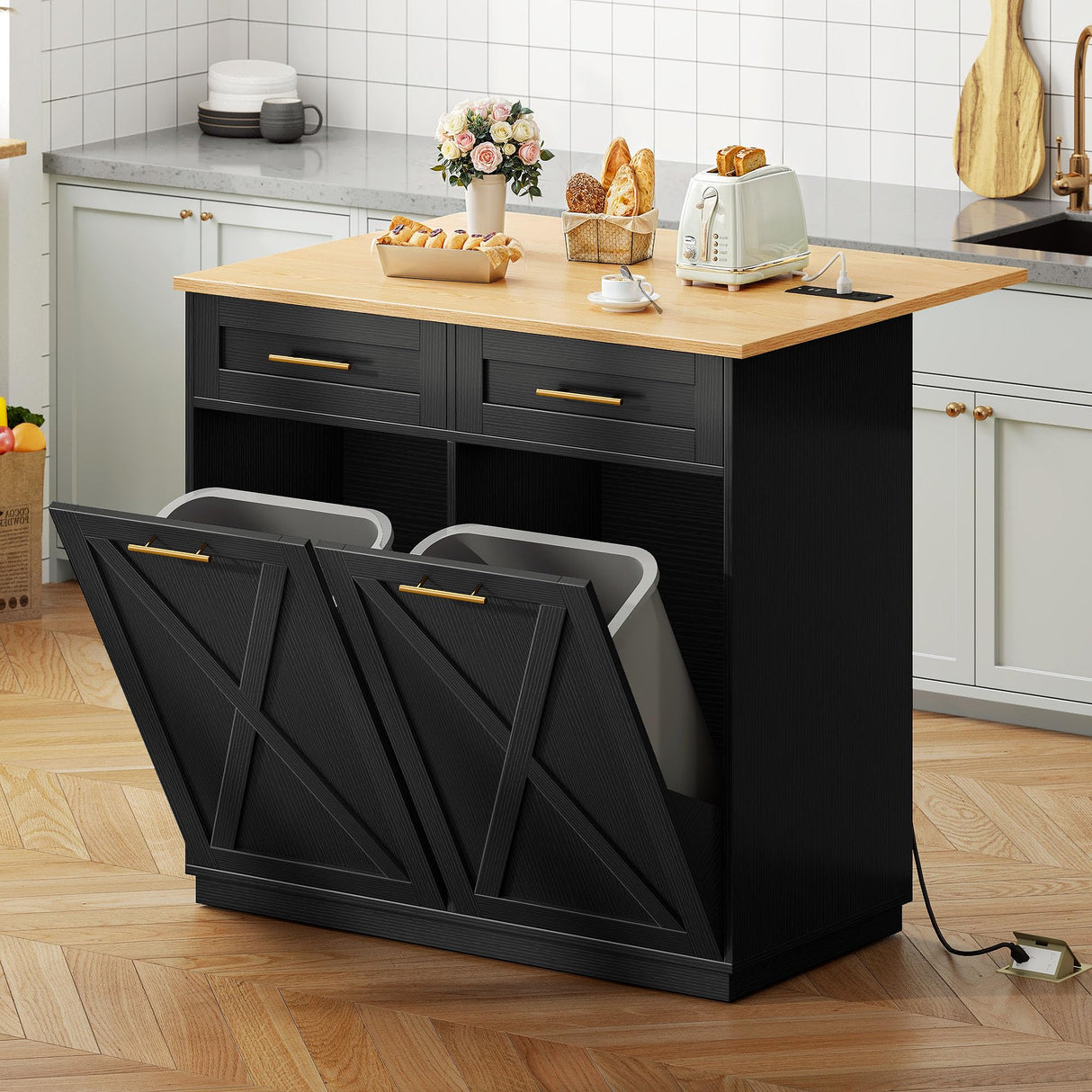 YITAHOME Drop Leaf Kitchen Island with Double Tilt Out Trash Cabinet, Rolling Kitchen Trash Recycling Cabinet with Power Outlet, Drawers, 20 Gallon Garbage Bin Storage for Kitchen Dining Area, Black YITAHOME