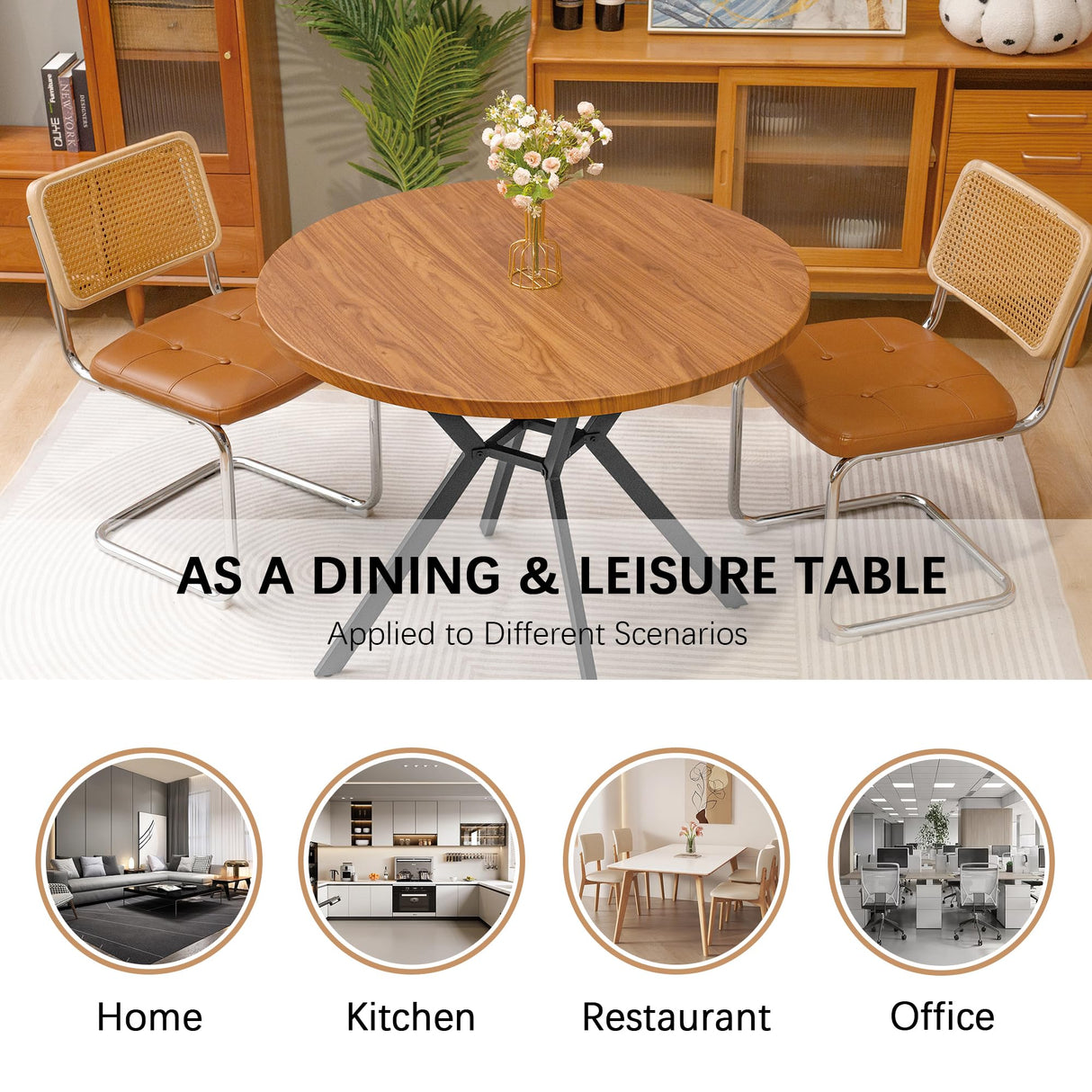 Recaceik 39" Walnut Round Dining Table for 4-6 People with Square Metal Base Recaceik