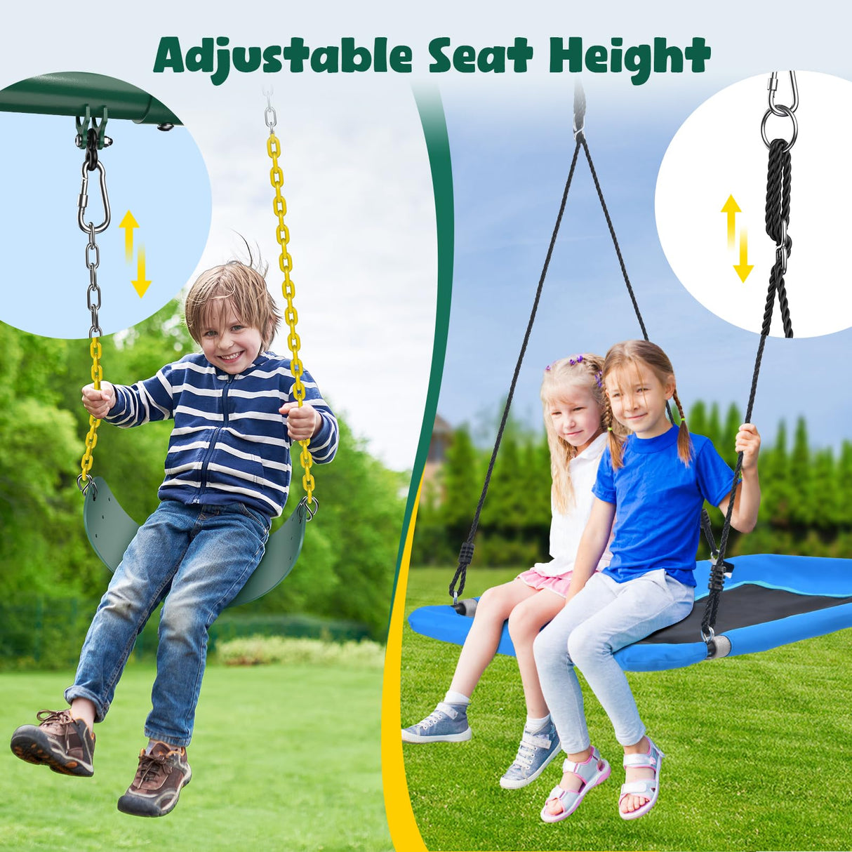 Hapfan 7.3ft Tall Heavy Duty Swing Set, 3 Swings Metal Swing Sets for Backyard, Big Kids Playset for Playground Outdoor Hapfan