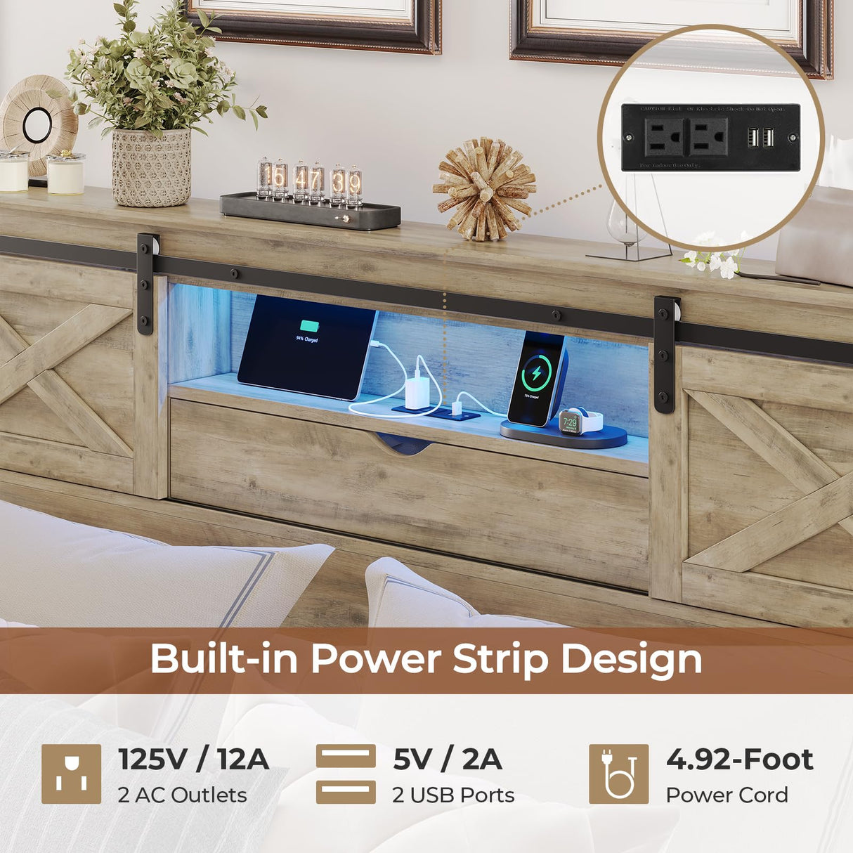 Hasuit Farmhouse Bed Frame California King Size with Storage Bookcase Headboard, Wooden Cal King Bed with LED Lights, Charging Station, 2 Drawers, Country Rustic Bed Frame with Sliding Barn Door Hasuit