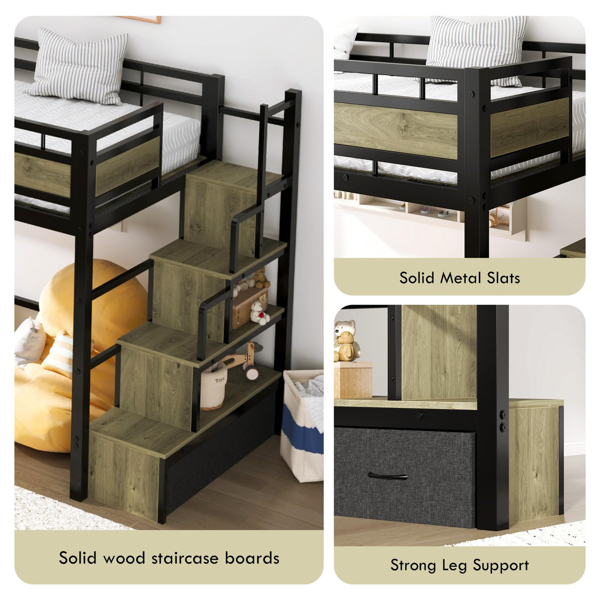 soges Twin Size Metal Loft Bed with Storage Stairs & Drawers,Space-Saving Heavy-Duty Bed Frame for Teens and Junior, No Box Spring Needed, Easy Assembly, Black soges