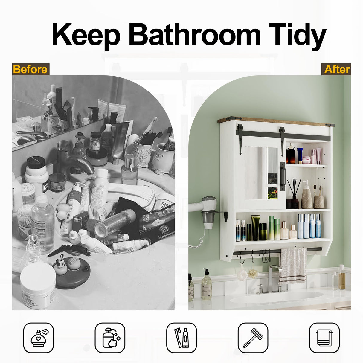 Bathroom Storage Cabinet with Mirror, Wood Farmhouse Medicine Cabinet with Adjustable Shelf, Hanging Bar S-Hooks Hair Dryer Holder, Wall Mounted Cabinet for Laundry Room Kitchen Living Room, White Cakhdry