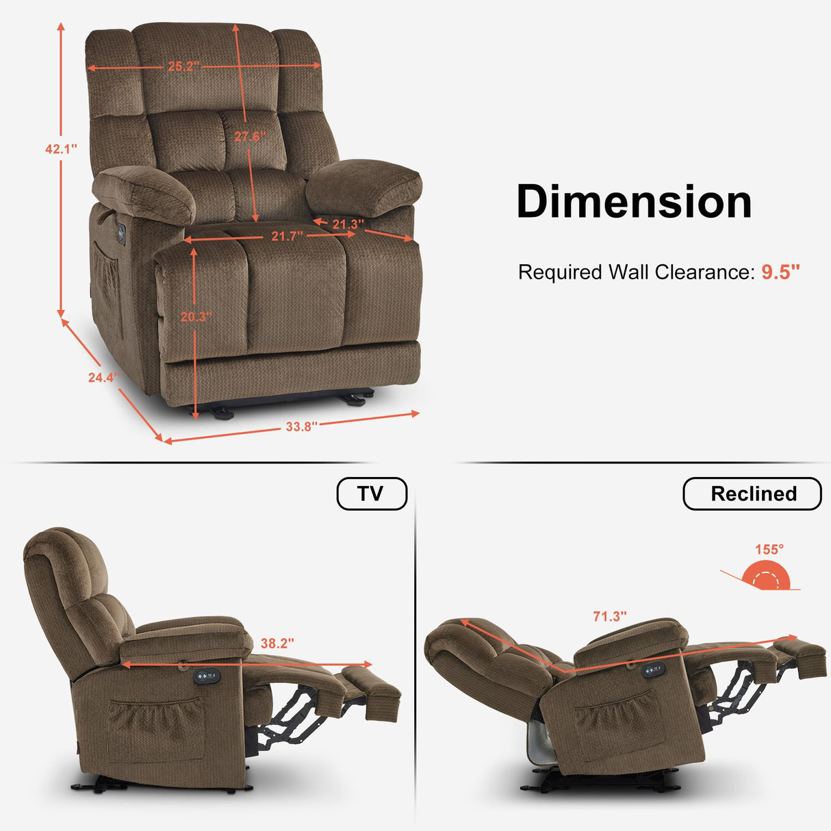 MCombo Zero Gravity Power Recliner Chair with Heat and Vibration Massage, Reclining Chair with USB Ports, Cup Holders for Living Room, Fabric R6233 (Brown) MCombo