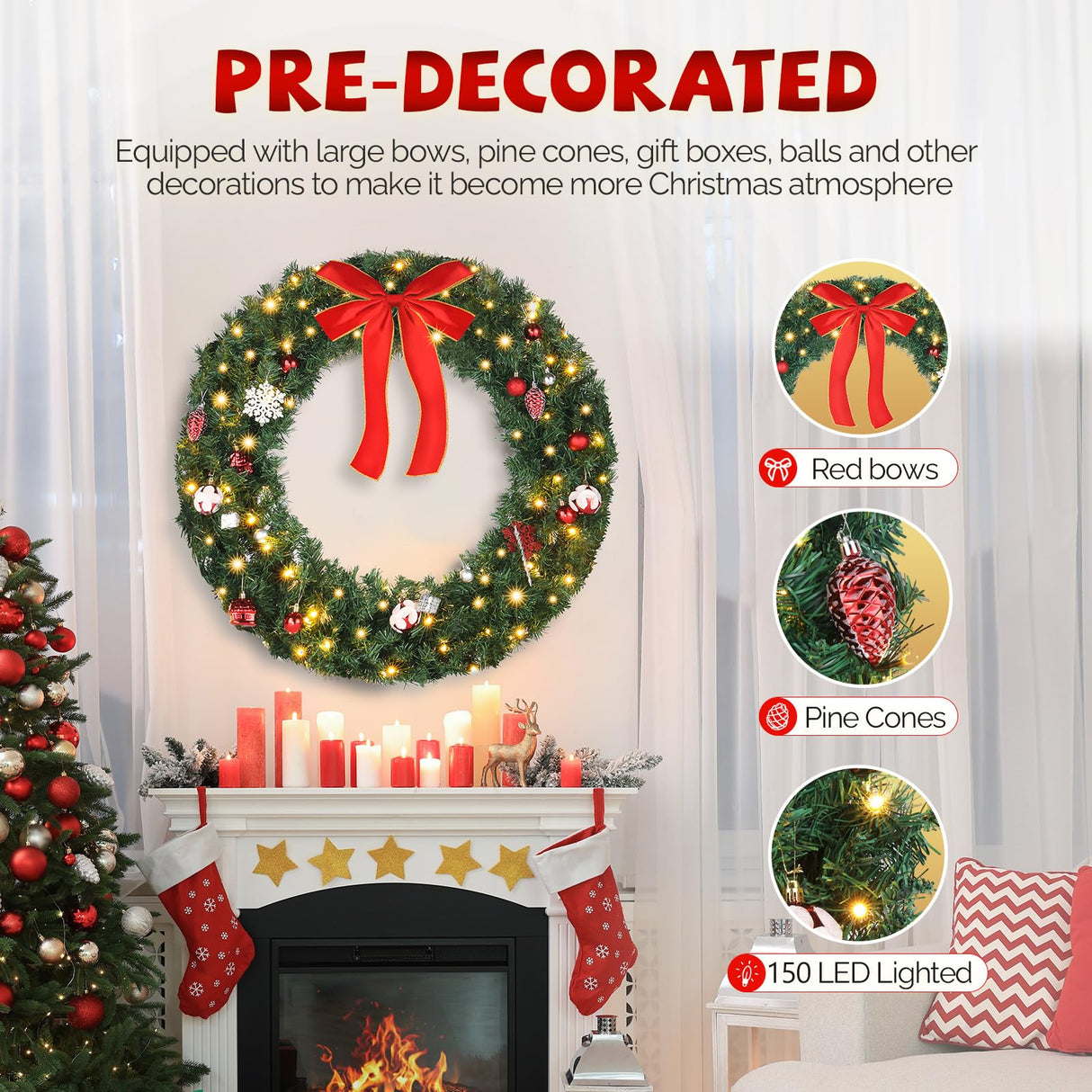 VINGLI 36 Inch Christmas Door Wreath Decorations with 100 Lights and 300 PVC Branches, Pre-lit Artificial Christmas Wreath for Front Door, Xmas Wreath w/Bow, Pine Cones, Ornaments (Plug-in) VINGLI