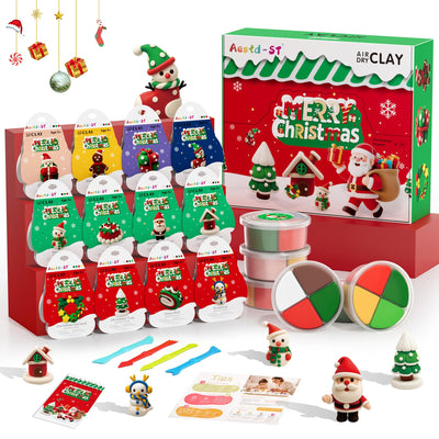 Air Dry Clay Kit - Christmas Theme, Modeling Clay for Kids, DIY Model Magic Clay with Sculpting Tools and Tutorials,12 Boxes Molding Clay, Ultra Light, Soft & Non-Sticky, Arts and Crafts Gift for Kids