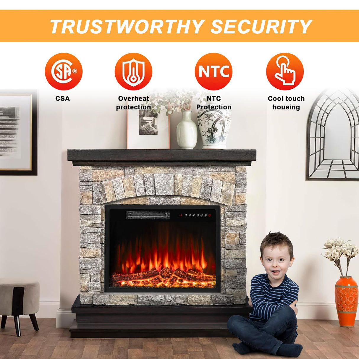 BOSSIN 36" Electric Fireplace with Mantel, 23 inch Electric Fireplace Insert, TV Stand Freestanding Heater with Remote Control Timer LED Flame for Living Room Bedroom,Faux Stone Gray BOSSIN