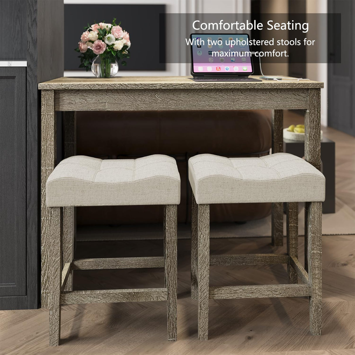 3-Piece Allamazing Natural Counter Height Bar Table Set with USB Ports and 2 Fabric Padded Stools allamazing