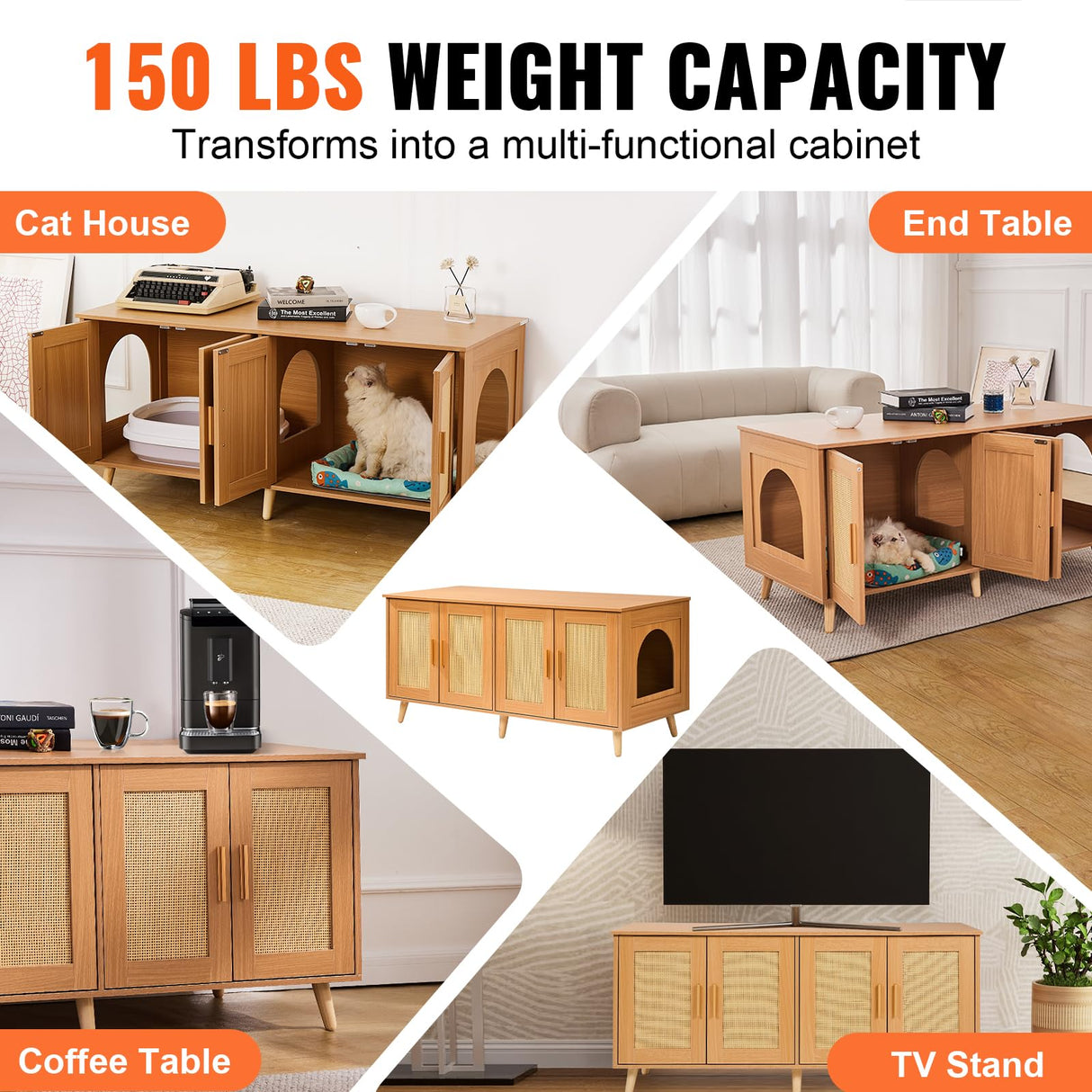 VEVOR Cat Litter Box Enclosure for 2 Cats, Litter Box Furniture Hidden with Rattan Decorated Doors, Wooden Cat Box Cabinet Fit Most of Litter Box, 47.2" L x 19.7" W x 21.7" H, Natural VEVOR