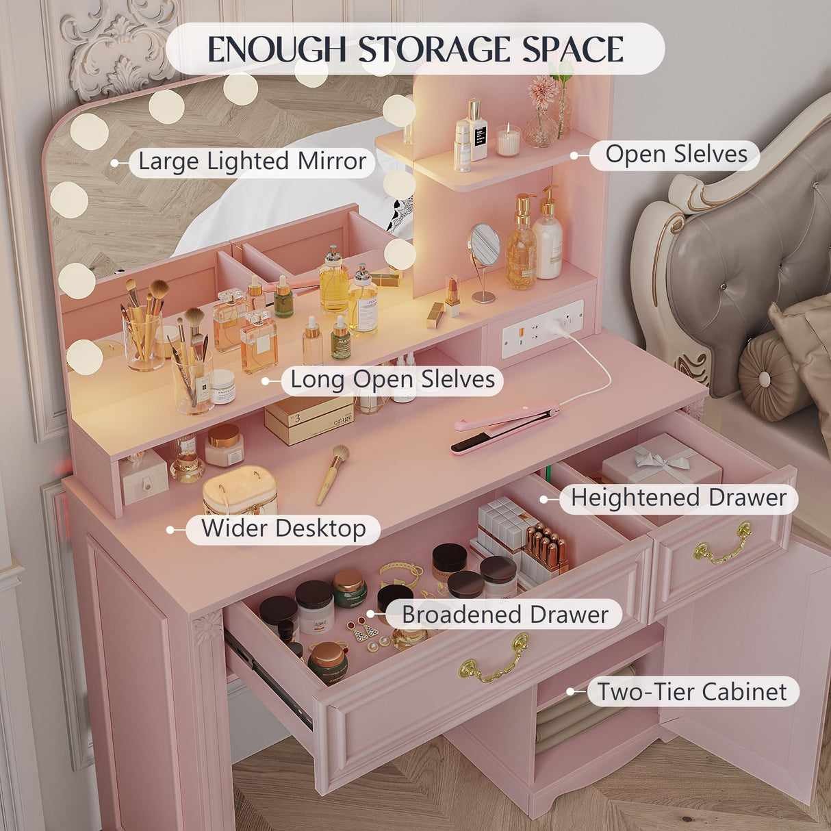 Lareth Makeup Vanity Desk with Lighted Mirror, 39.4 inch Small Vanity Table with Power Outlet, Bedroom Dressing Table, Adjustable Lights & 1 Cabinet 2 Drawers, Gifts for Teen Girls, Light Pink Lareth