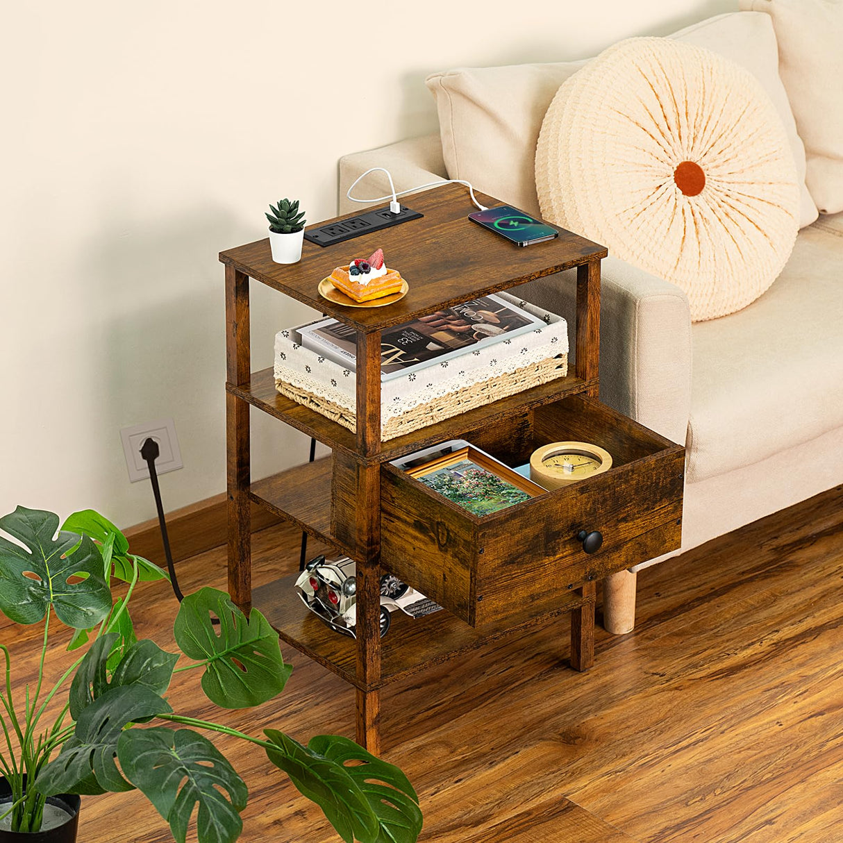 Lerliuo Nightstand with Charging Station and USB Ports, 3-Tier Storage End Table with Drawer Shelf, Night Stand for Small Spaces, Wood Bedside Table for Living Room, Bedroom - Retro Brown… Lerliuo