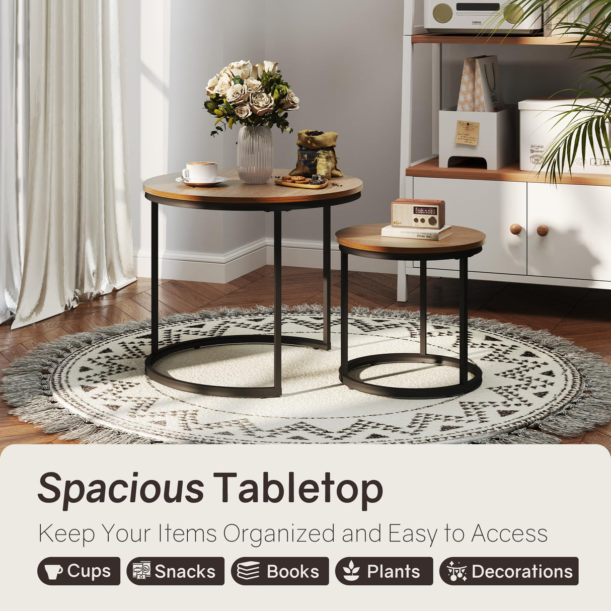 Otterease Nesting Tables Set of 2, Round Coffee Table, Small Nesting Coffee Table with Adjustable Non-Slip Fee, Wood Grain Top Nesting Tables for Living Room, Bedroom (Wood Grain Brown) Otterease