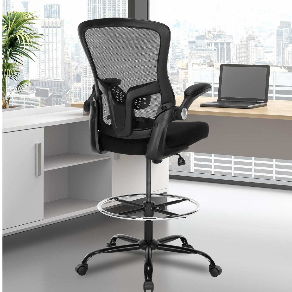 Luckyear Drafting Chair,Ergonomic Tall Office Chairs,Standing Desk Chair with Adjuatable Height,Breathable Mesh High Chair with Foot Rest,Stool Chair with Flip up Arms,Counter Height Chairs,Black Luckyear
