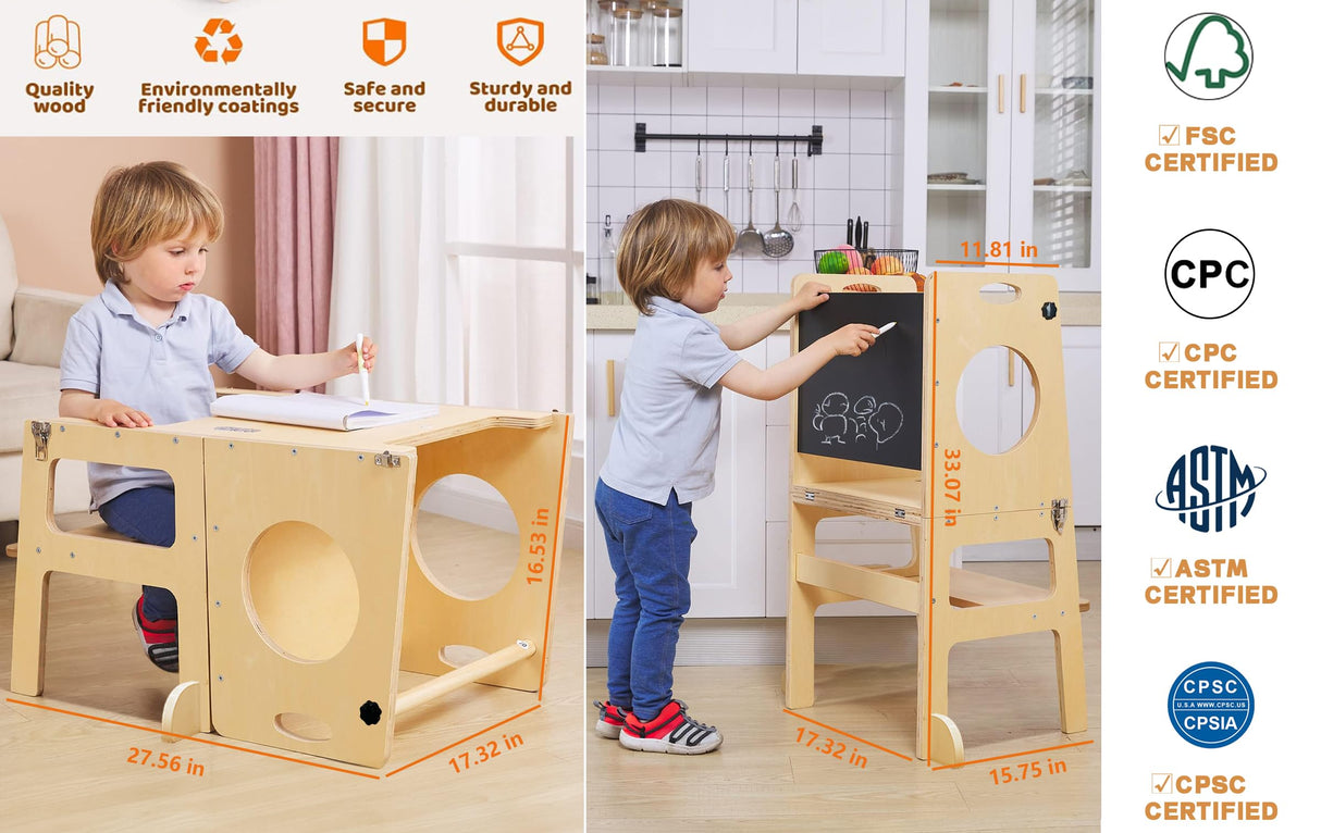 Foldable 4-in-1 Study Tower with Chalkboard for Learning, Montessori Kitchen Step Stool Toddlers Folding Stool for Kids 1-6years Ideal Helper FANABAS