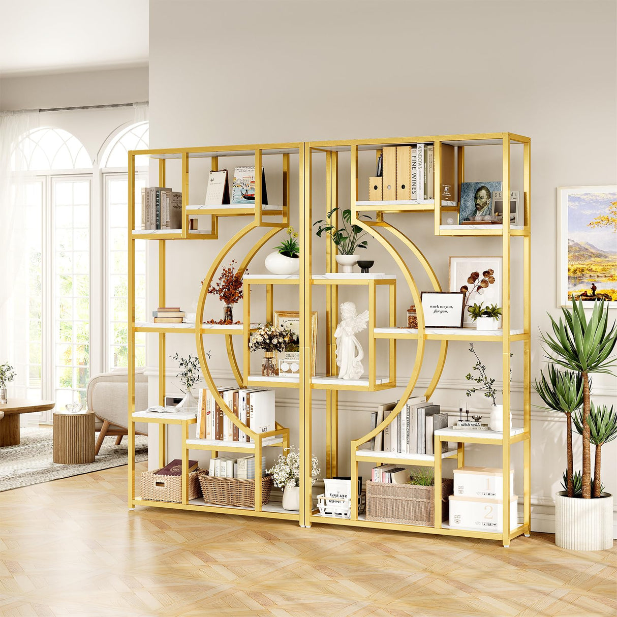 5 Tier Large Gold Bookshelf, 70.9" Tall Bookcase with 18 Open Shelves, Industrial Modern Book Shelf for Living Room, Office, Bedroom Storage Display, Set of 2 LGHM