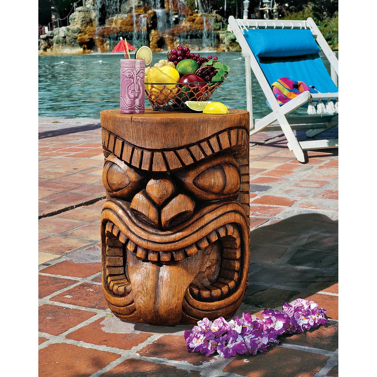 Design Toscano Grand Tiki Face Lono Tongue Indoor/Outdoor Side Table Statue, Patio, Bar, Den, 20 inch tall, Cast Stone Resin, Woodtone Finish Design Toscano