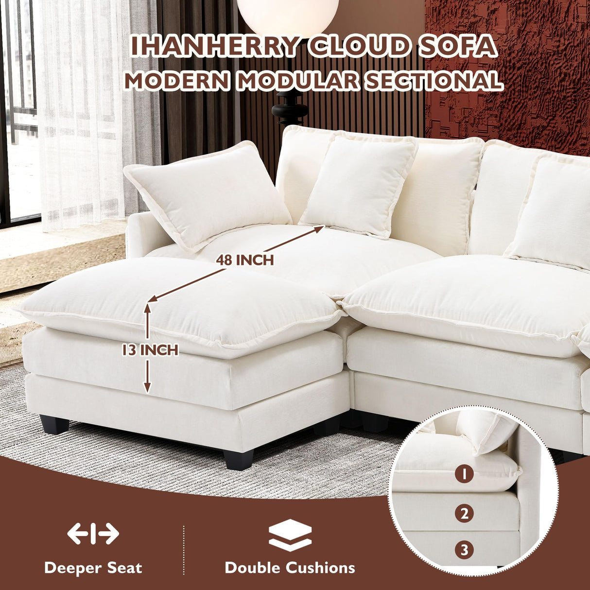 Ihanherry 111.4" L Shaped Modern Sofa Modular Sectional Cloud Couch with Ottoman, 4-Seat Chenille Deep Seat Sofa with Pillow for Living Room, Bedroom and Apartment, Beige Ihanherry