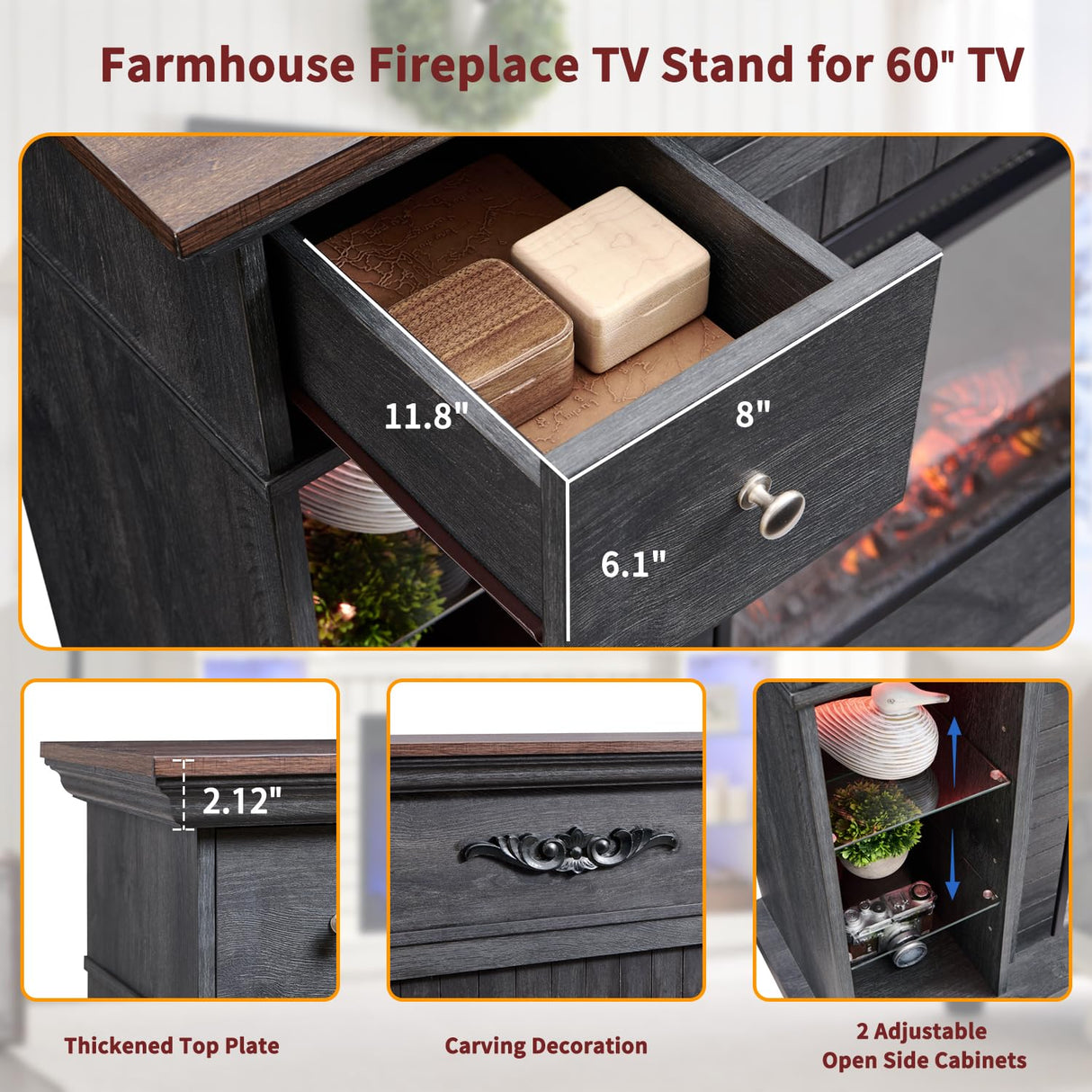 IFBUY 54" Farmhouse Electric Fireplace with Mantel, 33" Tall LED Fireplace TV Stand w/7 Lighting Colors, 23'' Freestanding Electric Fireplace Heater, Open Adjustable Shelves & Drawers, Grey IFBUY