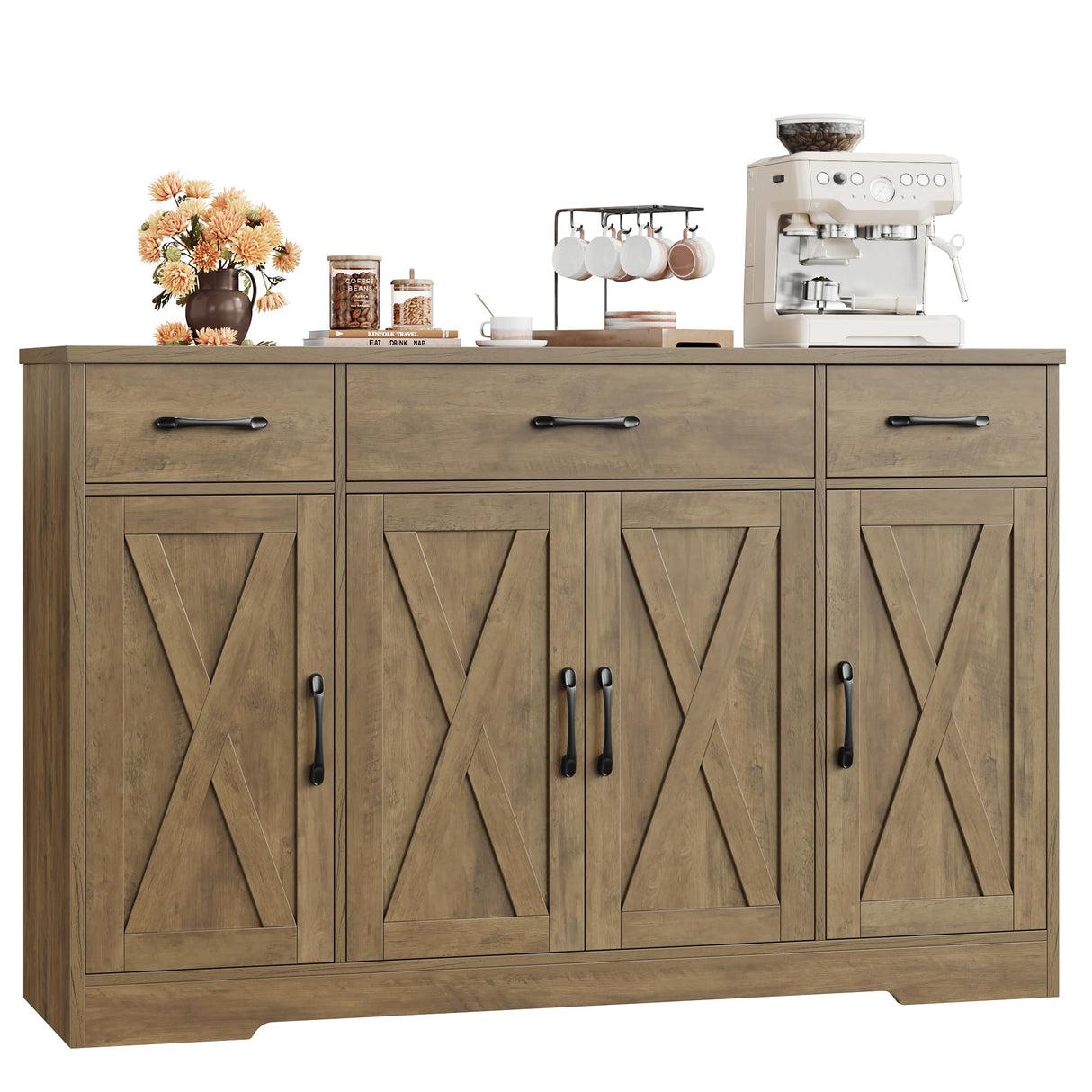 HOSTACK Buffet Sideboard Cabinet with Drawers, 55" Large Buffet Storage Cabinet with Shelves and Doors, Modern Farmhouse Coffee Bar Cabinet Wood Buffet Table for Kitchen, Dining Room, Rustic Brown HOSTACK