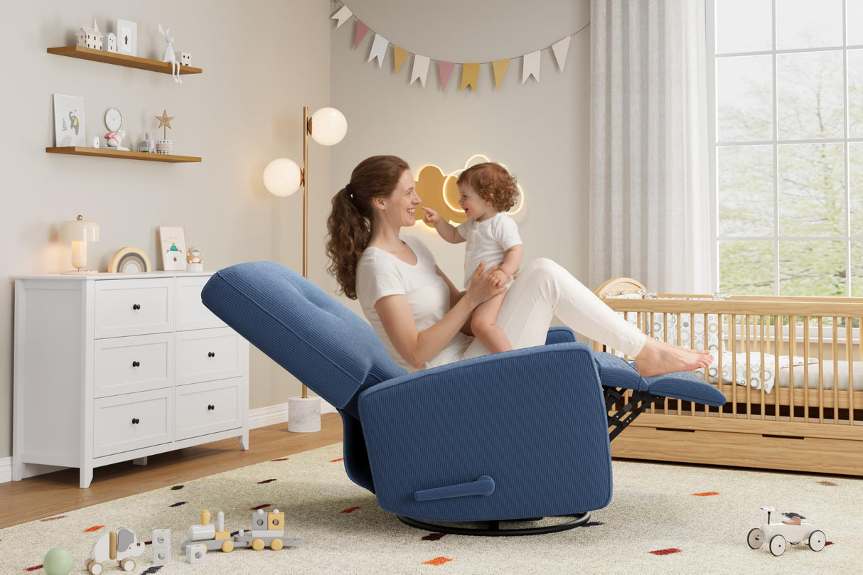 Nursery Recliner Chair, 360° Swivel Rocking Glider Chair for Adults with Adjustable Backrest & Footrest, Upholstered Armchair for Living Rooms, Bedrooms, Apartments, Blue Garvee