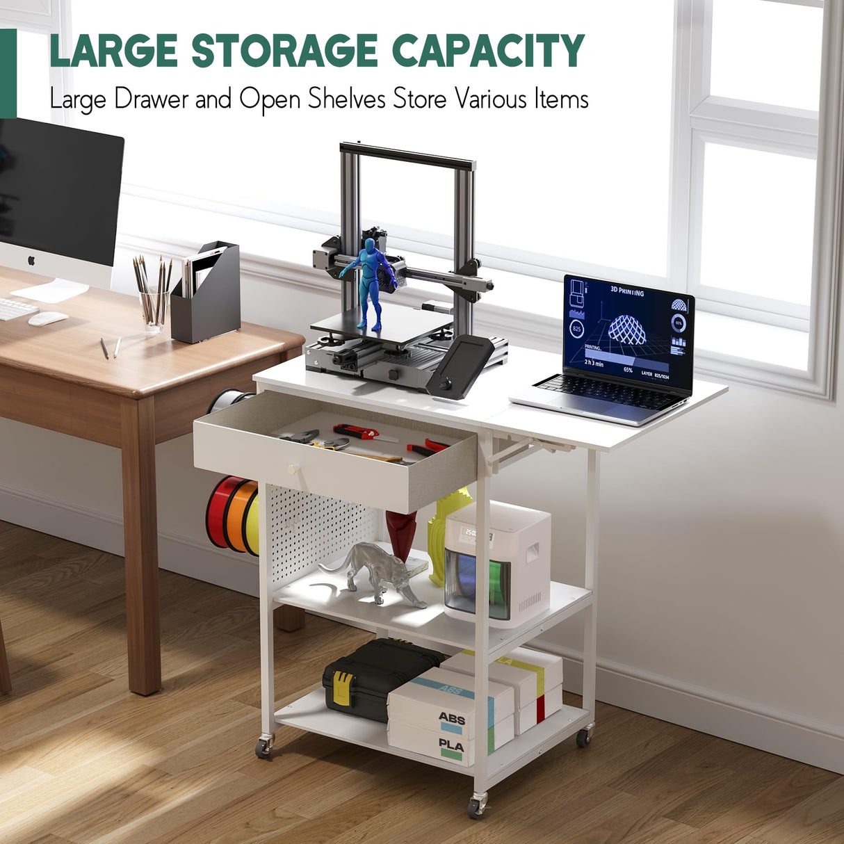 Yumkfoi 3D Printer Stand Table with Filament Storage, Foldable & Mobile 3D Printer Workstation Desk Cart with Filament Spool Holder, 3D Printer Accessories for 3D Printing Studio Home Office Workshop Yumkfoi