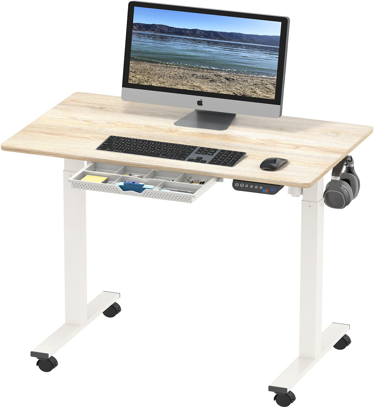 SHW Electric Height Adjustable Mobile Rolling Standing Desk Workstation, 40 x 24 Inches, Maple SHW