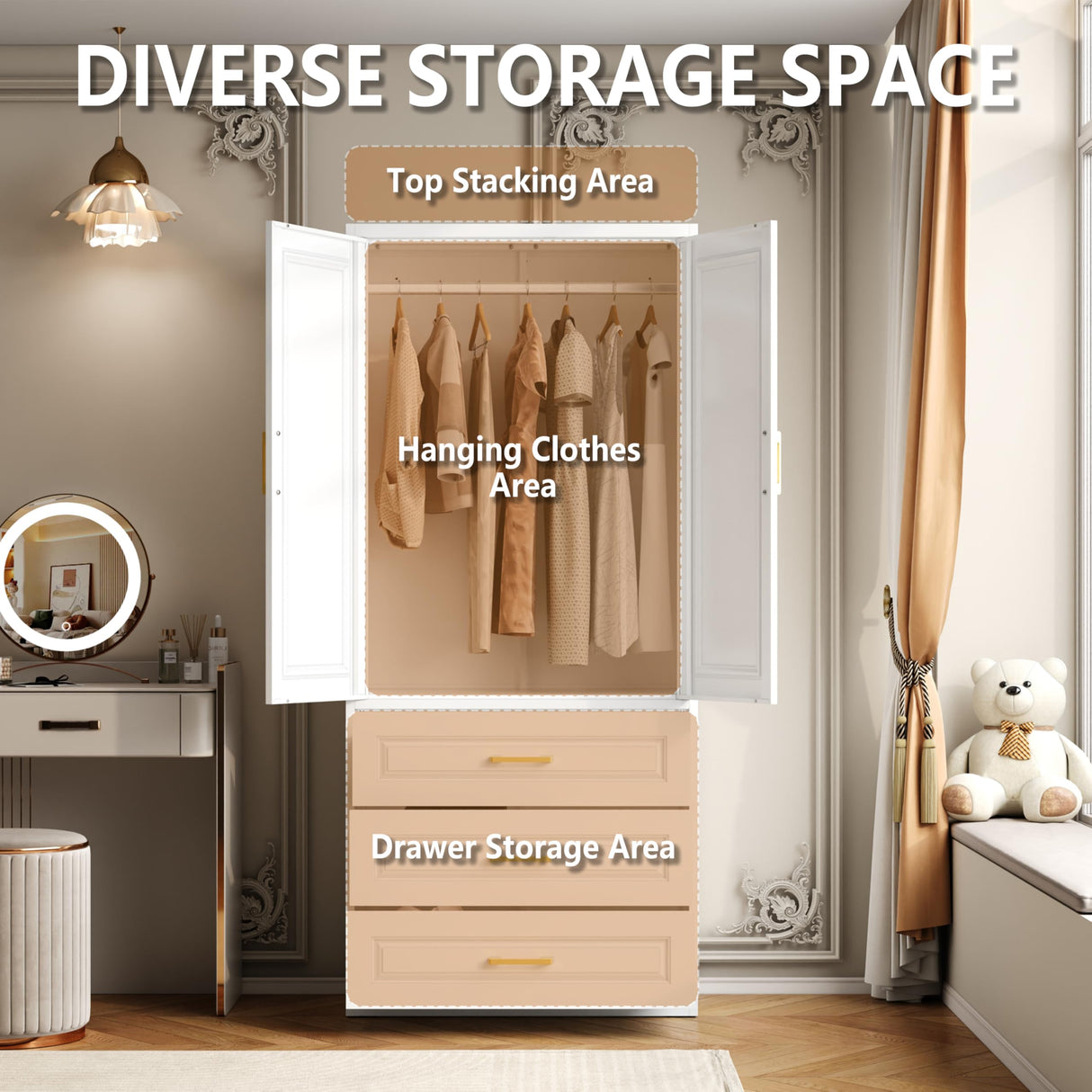 Polup Metal Armoire Wardrobe Closet with Three Drawers, 71“ Tall Large Wardrobe Cabinet with Hanging Rod, Freestanding Wardrobe Cabinet with Doors and Shelves for Bedroom, White, Assemble Required Polup