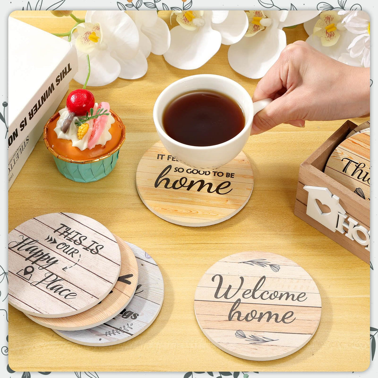 Billbotk House Warming Gifts for New Home, Farmhouse Coasters Set of 8, Wood Drink Coasters for Housewarming Gifts, Coffee Table Decor, Home Decor Billbotk