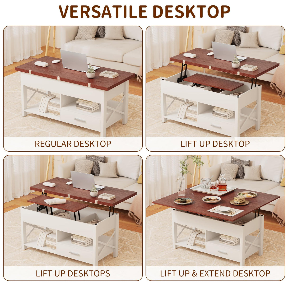 Lift Top Coffee Table with Storage, Grey Lift Top Coffee Table with Drawers&Hidden Compartment, Multi-Functional Center Table, Convertible Coffee Tables into Dining Table for Home Living Room (White) SAHISTCT