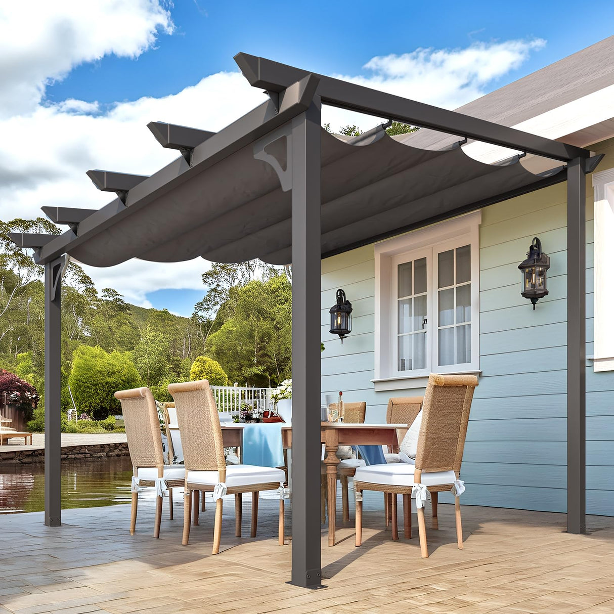 AECOJOY 10' x 8' Gazebo for Patio, Retractable Pergola with Adjustable Sun Shade Canopy Roof, Small Wall-Mounted Lean to Outdoor Pergolas and Gazebos Clearance, Metal Awnings for Decks, Patio AECOJOY