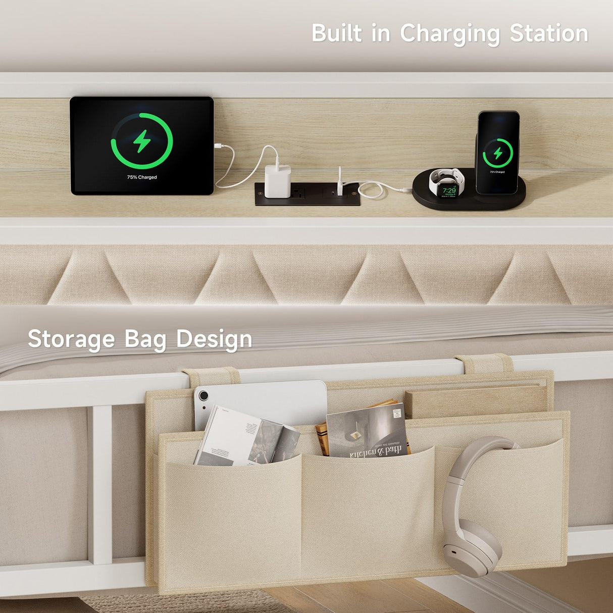 ONBRILL Twin Daybed with Trundle, Metal Day Bed Frame with Ergonomic Upholstered Headboard & Charging Station, Sofa Bed with Twin Trundle for Living Room, Bedroom, playroom, and Guest Room, White ONBRILL