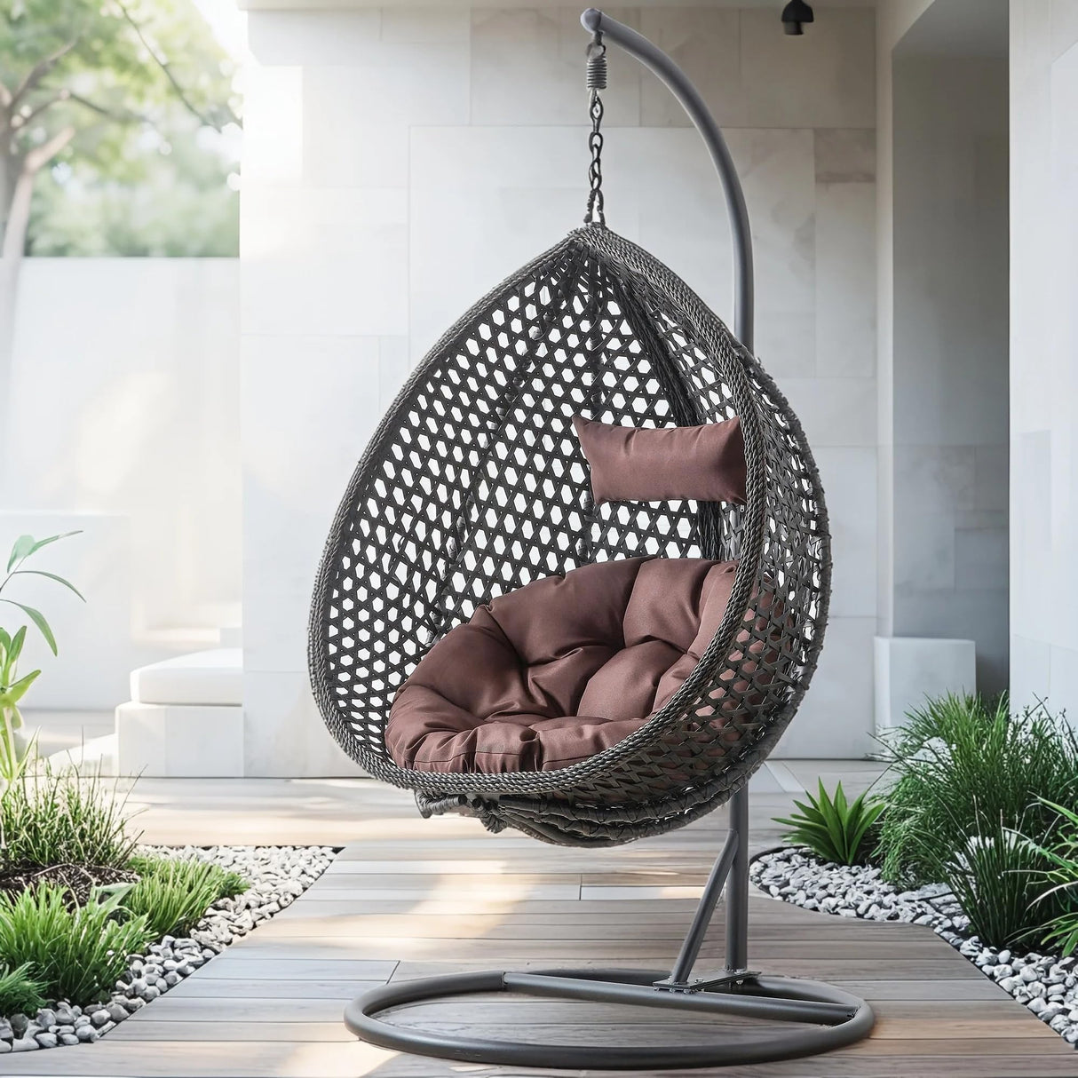 Egg Swing Chair Outdoor with Stand, Indoor Swing for Adults, Hanging Egg Rattan Basket Chair with Cushion and Pillow, Foldable Basket and Metal Stand for Porch, Patio, Bedroom, Balcony,Yard (Black) CRIPNAS