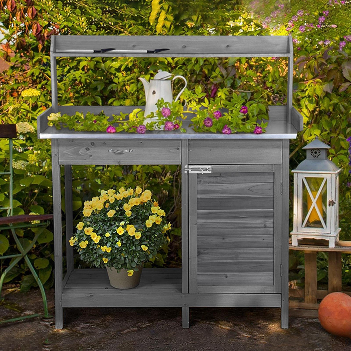Topeakmart Garden Potting Bench Wooden Workstation Outdoor Wooden Potting Table W/Top Shelf & Lower Shelf & Cabinet Drawer & Open Shelf Gray Topeakmart