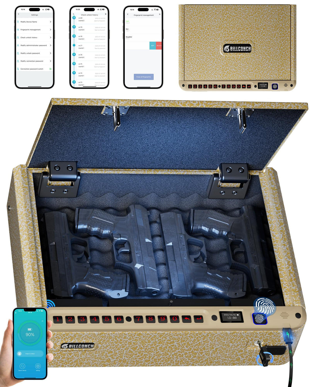 BILLCONCH Smart Gun Safe with Security Cable - Biometric Gun Safe for Handgun 4 Ways Quick Access with Fingerprint/Keypad/Key/APP Lock for Bedside Home Car with LCD/Voice Guide - Limited Gold BILLCONCH