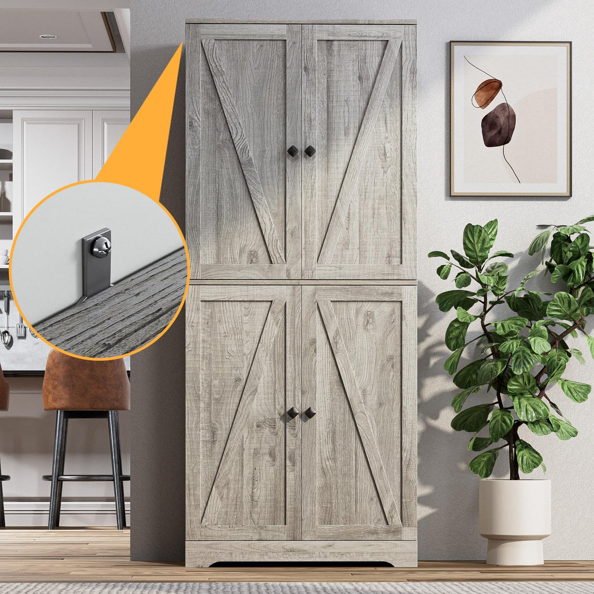 LYNSOM Farmhouse Storage Cabinet 72" Tall, Kitchen Pantry Cabinet with 4 Barn Doors and Adjustable Shelves, Freestanding Storage Cabinets for Kitchen, Grey LYNSOM