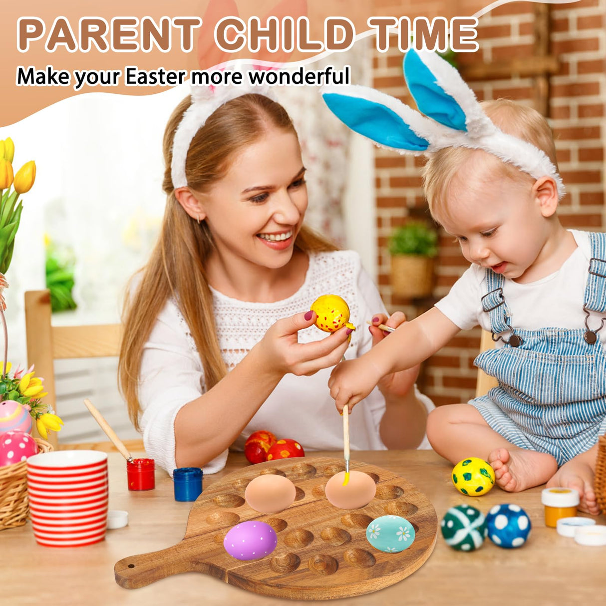 Reversible Wood Deviled Egg Platter Charcuterie Board, 24 Slots Deviled Egg Tray with Injector Piping Tool Silicone Spatula Piping Bag for Easter Party Essentials (16.7''x12.6''x0.78''. 24 slots) FACULX