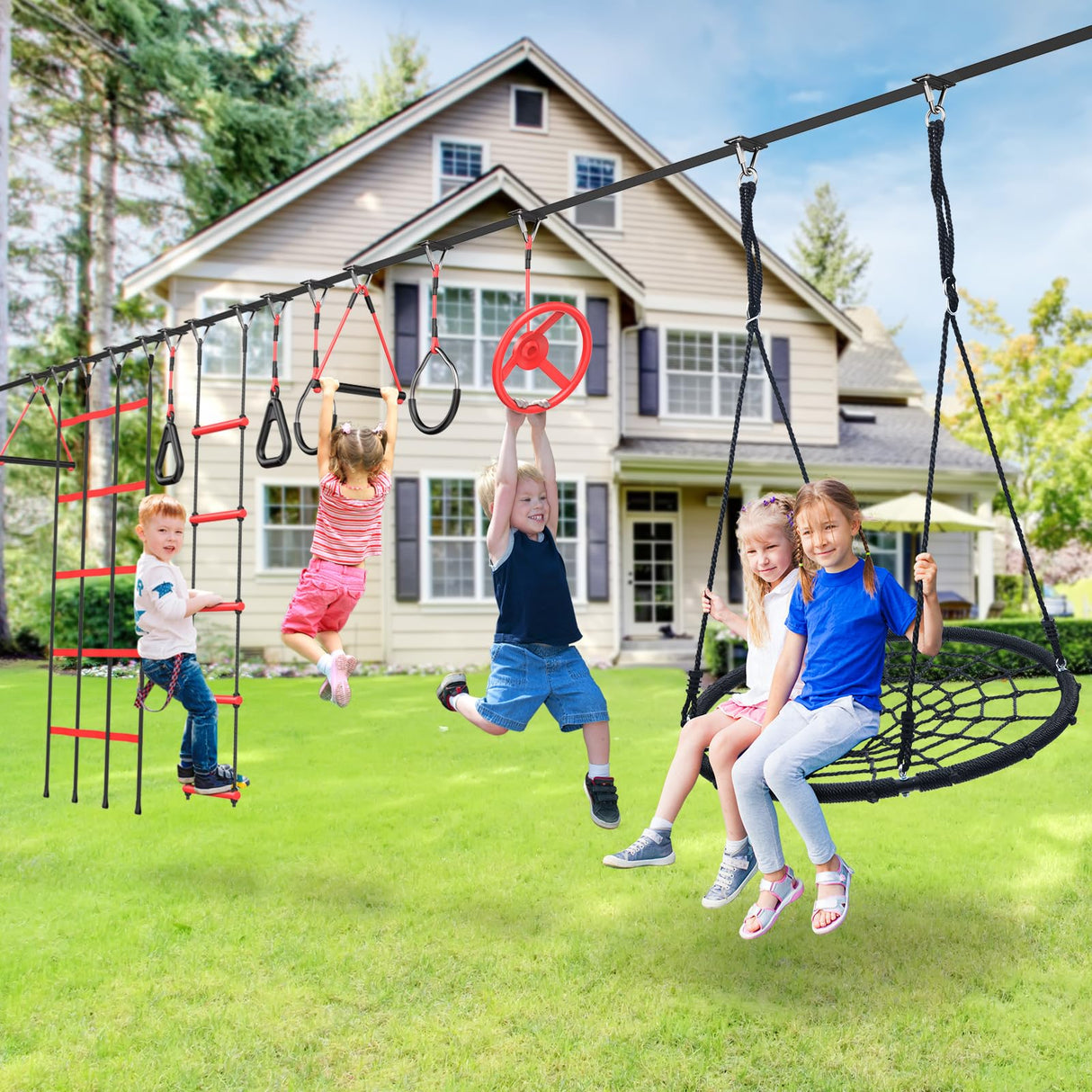 Hapfan 50 ft Ninja Warrior Obstacle Course for Kids with Tree Swing, Portable Slackline Swing Set with Weather-Proof Obstacles, Tree Jungle Gym Outdoor Playset for Backyard Outside Hapfan