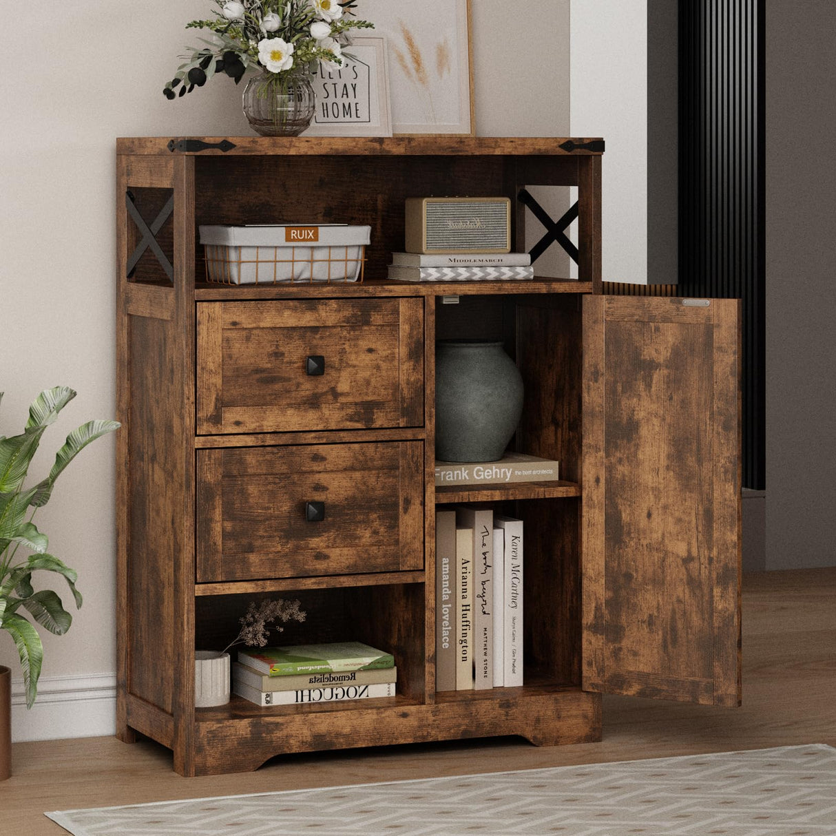 Fameill Farmhouse Storage Cabinet with 2 Drawers & Shelves, Freestanding Cabinet for Living Room, Bathroom, Kitchen, Laundry, Brown Fameill