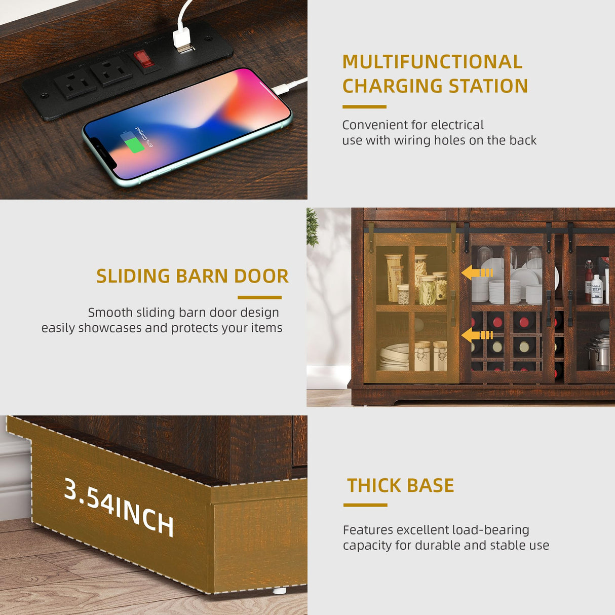 DWVO Farmhouse Coffee Bar Cabinet with Sliding Door and Drawers, 53" Kitchen Sideboard Buffet Cabinet, Home Bar Cabinet with Wine Rack for Kitchen Living Room, 3 Drawers Storage Cabinet, Brown Oak DWVO