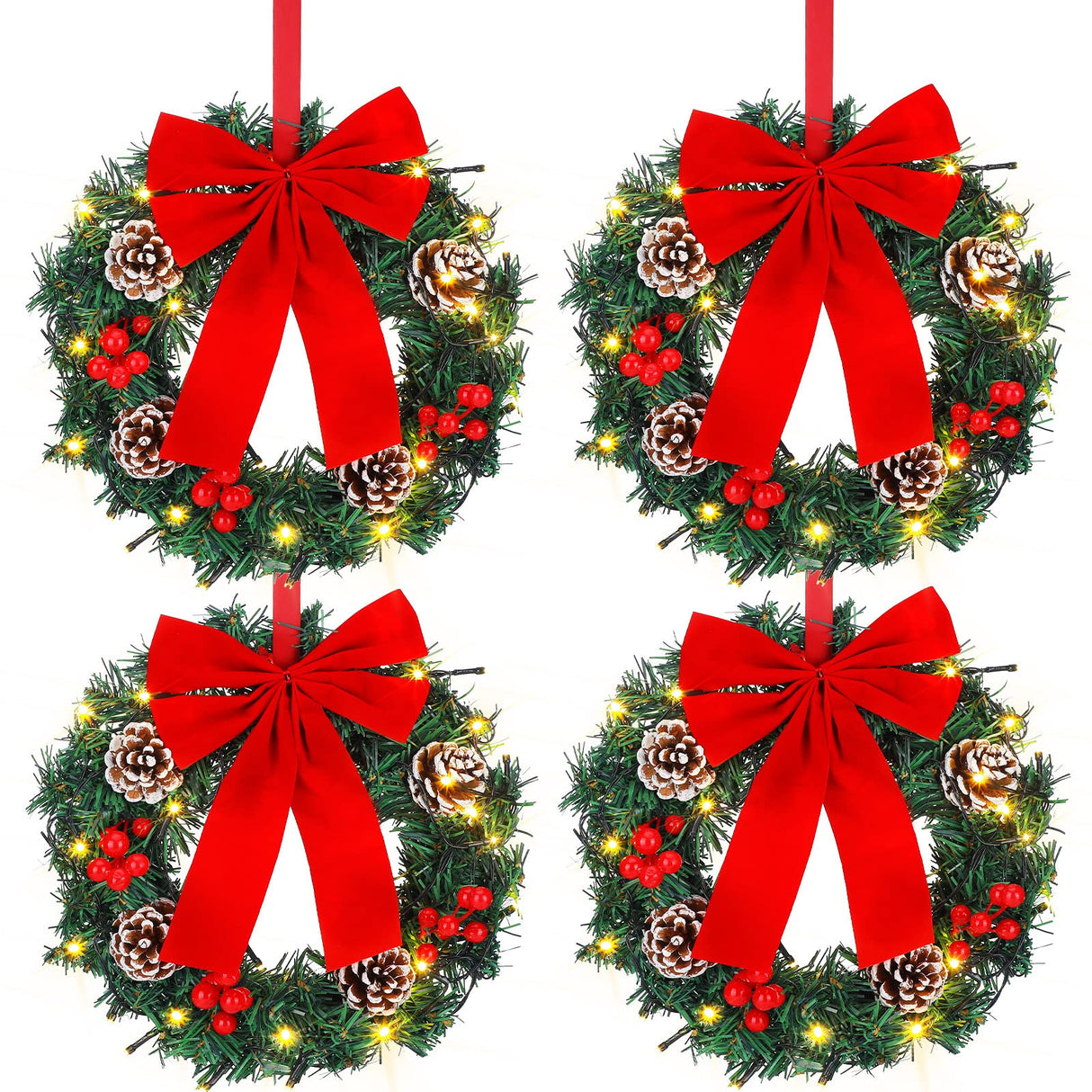 4 Pcs Lighted Christmas Wreaths, 13 Inch Pre Lit Small Xmas Wreath with Large Bow, Pine Needle Wreath with LED Lights Battery Operated Xmas Ornaments for Front Door Wall Christmas Party Decor (Red) Cindeer
