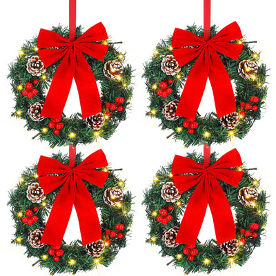 4 Pcs Lighted Christmas Wreaths, 13 Inch Pre Lit Small Xmas Wreath with Large Bow, Pine Needle Wreath with LED Lights Battery Operated Xmas Ornaments for Front Door Wall Christmas Party Decor (Red)