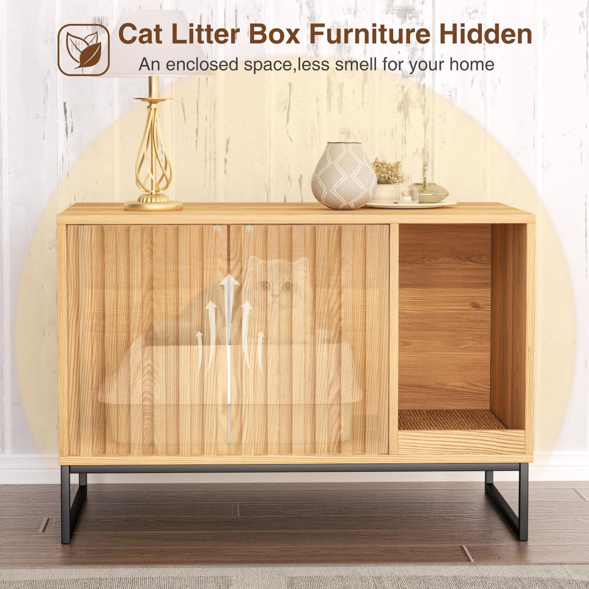 FiveWillowise Litter Box Enclosure, Modern Fluted Hidden Litter Box Furniture,Cat Litter Box Enclosure with Scratching Mat,Cat House Side End Table,Natural FiveWillowise