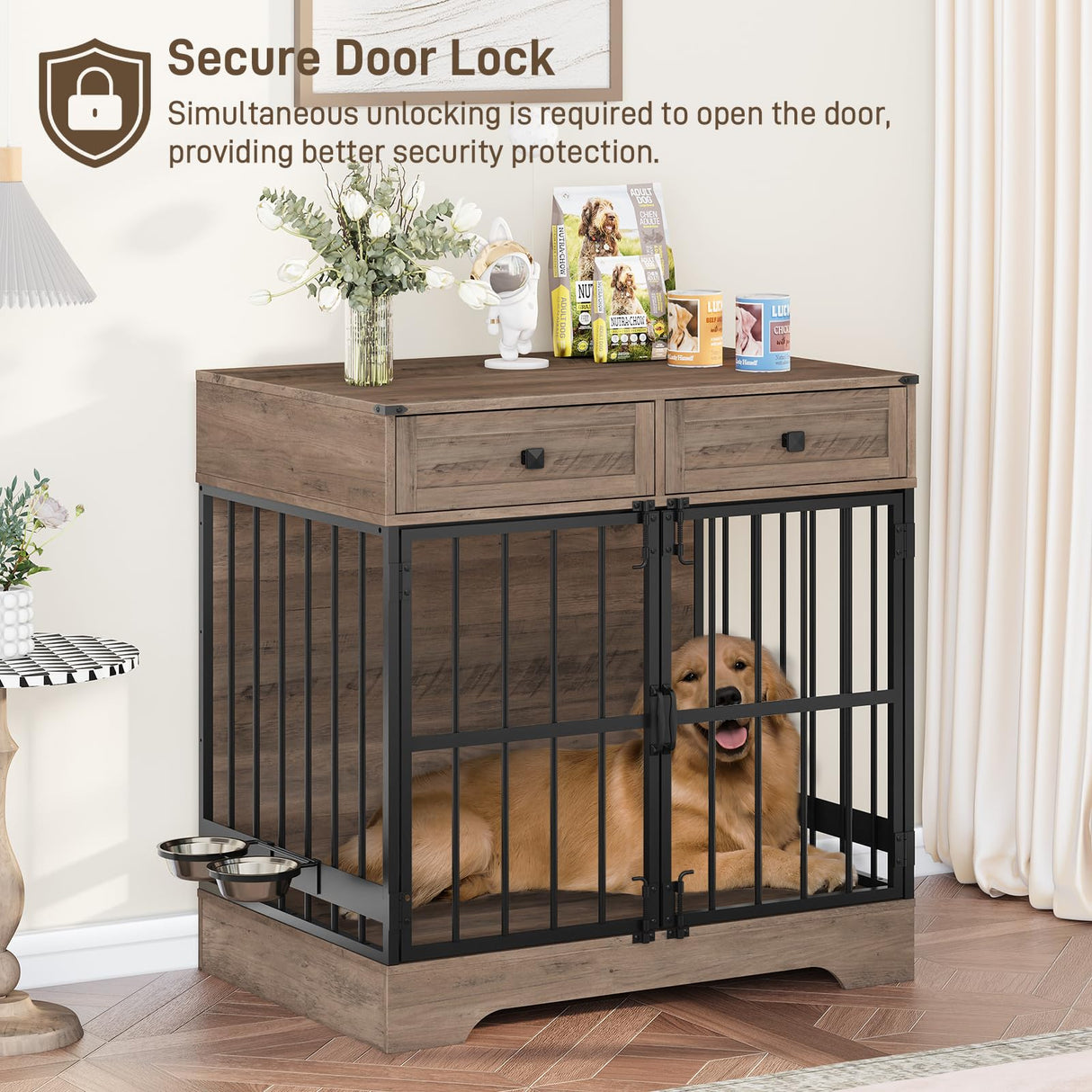 Dog Crate Furniture, 35 Inch Dog Kennel Indoor Furniture with Storage Drawers Rustic Pet Cage End Table with 2 Adjustable Bowls for Small/Medium/Large Dogs Halitaa