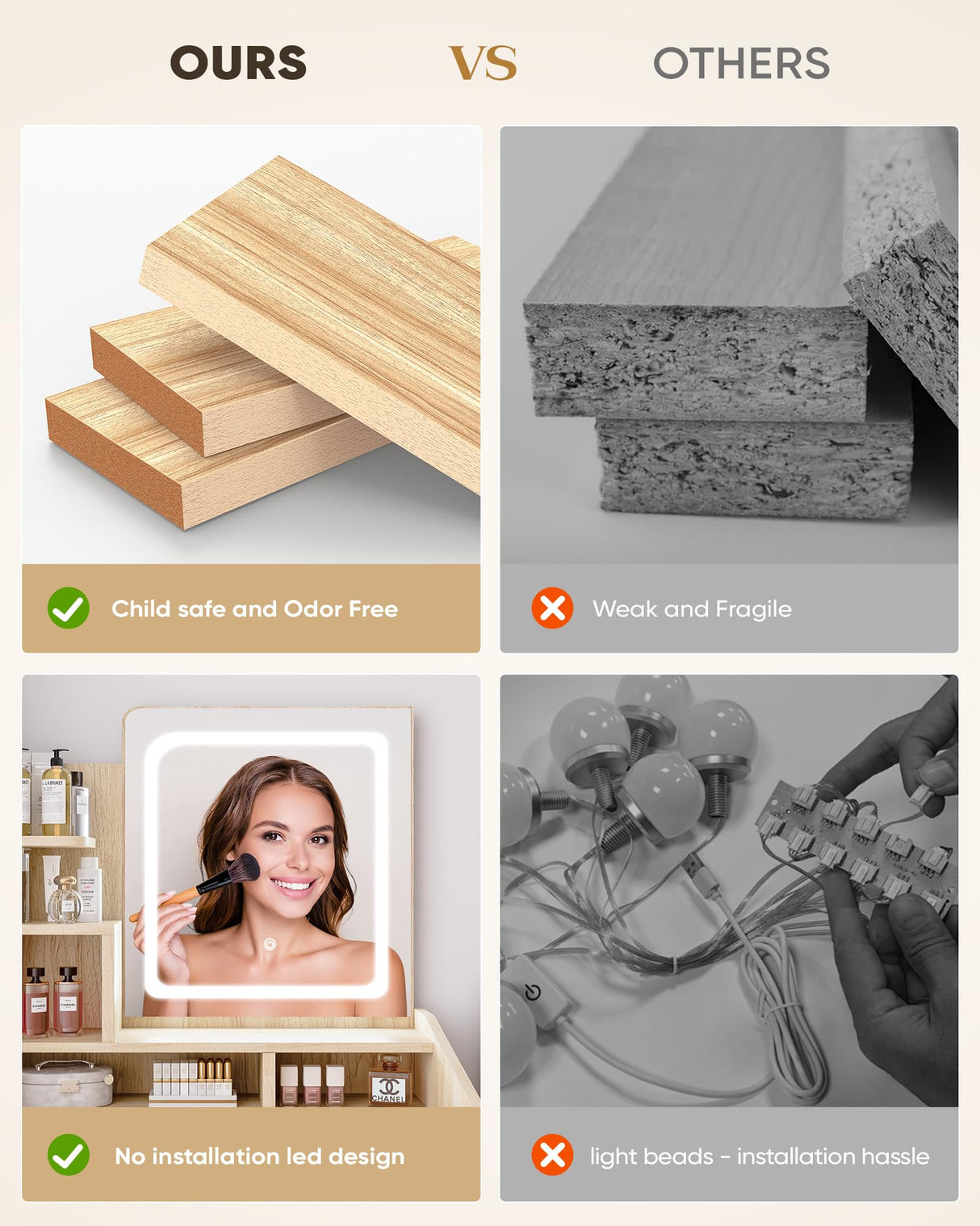 LIVELYGLOW Small Vanity Desk Set with Square Mirror and Light- Vanity Desk with Drawers- Wood LIVELYGLOW