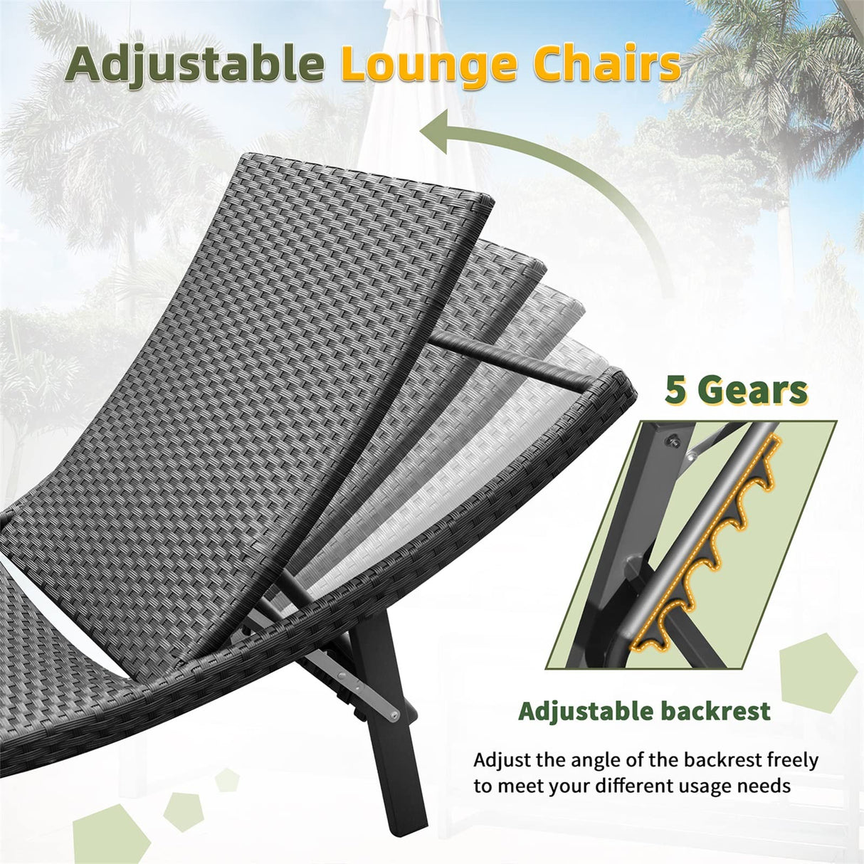 GUNJI Lounge Chairs for Outside 3 Pieces Patio Adjustable Chaise Lounge Outdoor Wicker Lounge Chairs Set of 2 with Table Folding Chaise Lounger for Poolside, Deck, Lawn (Beige) GUNJI