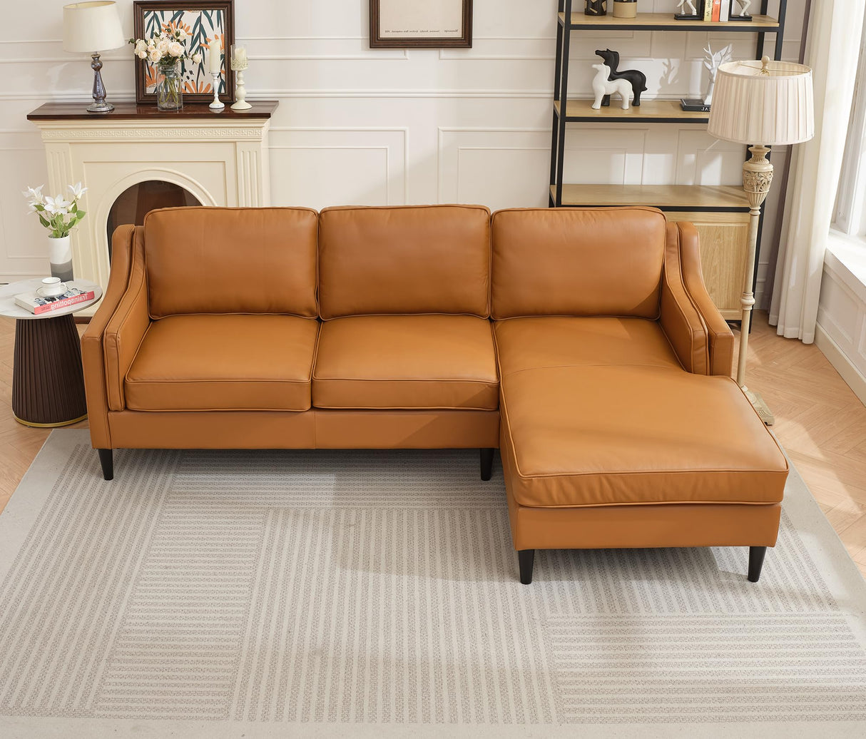 94'' Modern Genuine Leather Upholstered L-Shaped Sofa with Double Layer Curved Armrests and Chaise Lounge for Living Room (Tan, Right-Hand Facing) Familymill