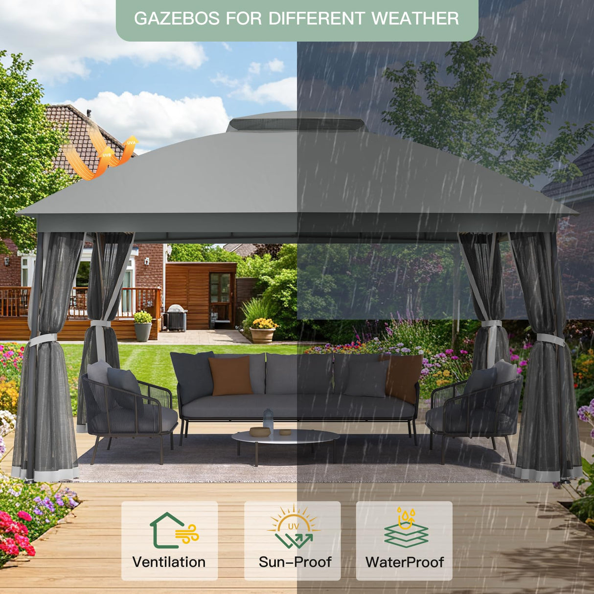 EROMMY 10 x 13 Patio Gazebo, Outdoor Waterproof Gazebo with Mosquito Netting, Sturdy Metal Canopy Gazebos with Double Air Roofs, Outdoor Tent for Backyard/Deck, Gray EROMMY